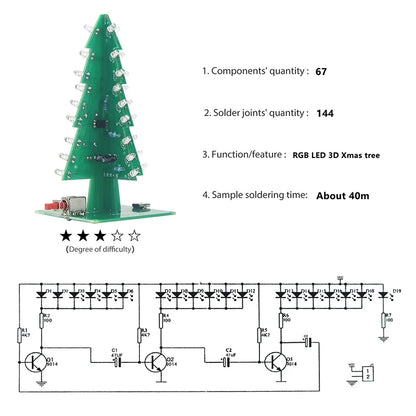 Creative 3D Christmas Tree LED DIY Kit Red/Green/Yellow LED Flash Circuit Kit Electronic Fun Suite 3 Color/7 Color PCB