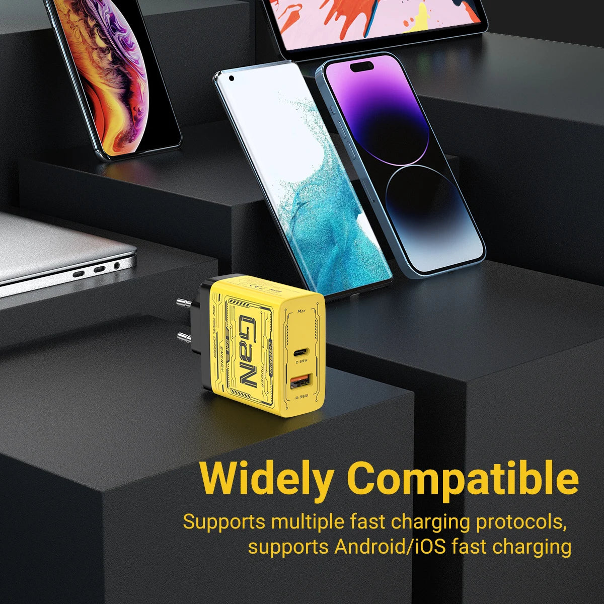 EU/US Plug PD65W GaN Fast Charger with Type-C and USB-A Interface Universal Dual Port Wall Charger Plug for Phones/Pads/Laptops