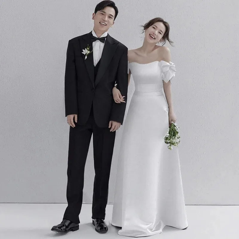 Wedding Dresses Sweet Bow Off The Shoulder For Women 2025 Satin Black Evening Dress Elegant Floor-length Simple Wedding Shooting