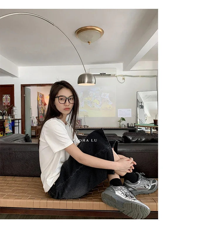 Harajuku Vintage High Waist Black Retro Washed Denim Shorts Women's Fashion Casual Loose Fit Y2K Streetwear Mid Long Short