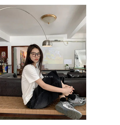 Harajuku Vintage High Waist Black Retro Washed Denim Shorts Women's Fashion Casual Loose Fit Y2K Streetwear Mid Long Short