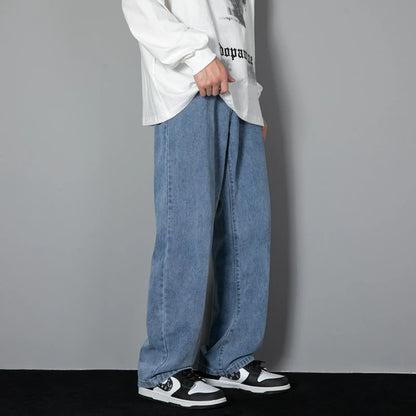2025 New Korean Men's Casual Long Jeans Classic Man Straight Denim Wide-leg Pants Solid Color Light Blue Grey Black