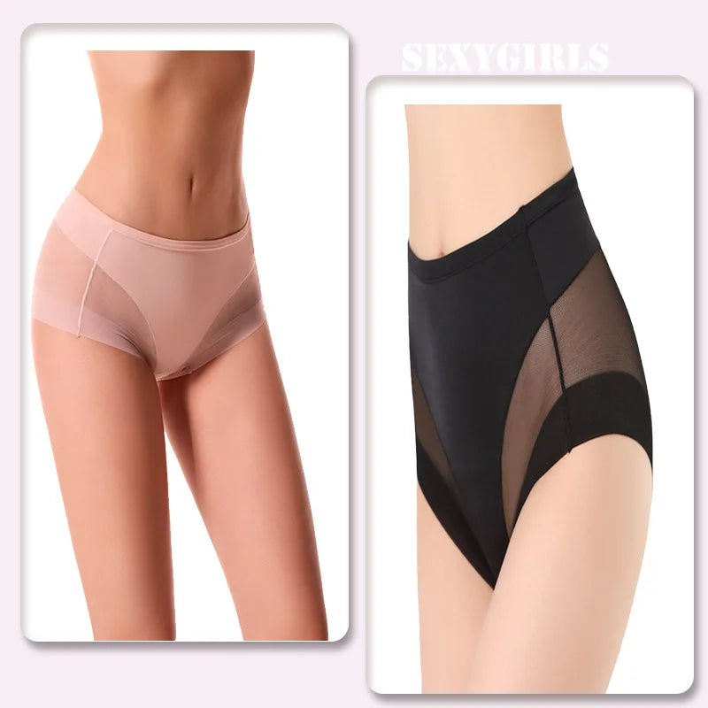 Sexy Mid Rise Womens Underwear Transparent Mesh Panties Waist Cincher Comfortable Ice Silk Large Size