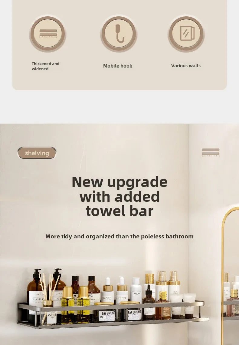 Bathroom storage rack, non perforated washbasin, hand washing and shower area, shower gel wall storage rack