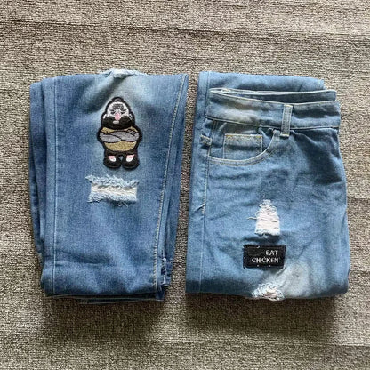 White Embroidery Skinny Ripped Jeans Men Cotton Stretchy Hole Slim Fit Hip Hop Denim Pants Casual Jeans for Men Jogging Trousers