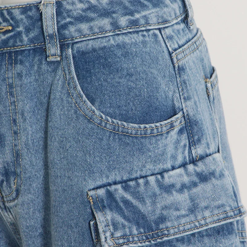 Trendy Women's Denim Workwear | Street Style Black & Grey Multi-Pocket Jeans | American Casual High-Waist Functional Design