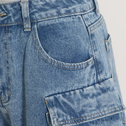 Trendy Women's Denim Workwear | Street Style Black & Grey Multi-Pocket Jeans | American Casual High-Waist Functional Design