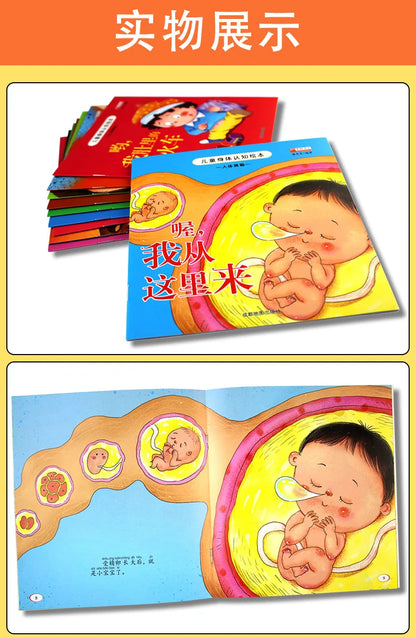 10pcs Children Body Cognition Picture Book Mystery Exploration Chinese Characters Reading With Audio Frequency Early Education
