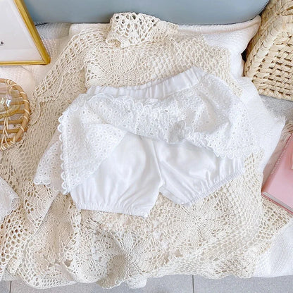 Korean Children's Clothing 2025 Summer Outfits Baby Sweet Hollow Cotton Halter Vest+Denims Shorts Kids Girls Casual Clothes Sets