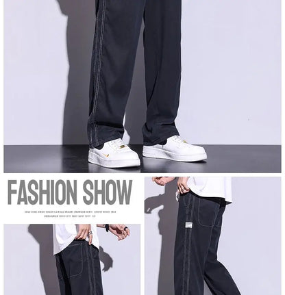 Summer soft Lyocell fabric men's jeans loose straight leg pants drawstring elastic waist Korean casual pants plus size M-5XL