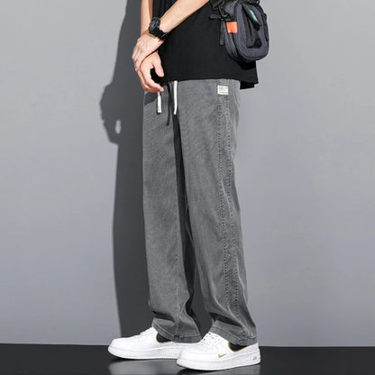 Summer soft Lyocell fabric men's jeans loose straight leg pants drawstring elastic waist Korean casual pants plus size M-5XL
