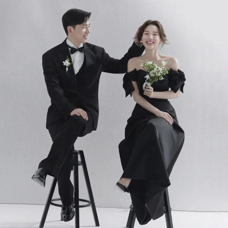 Wedding Dresses Sweet Bow Off The Shoulder For Women 2025 Satin Black Evening Dress Elegant Floor-length Simple Wedding Shooting