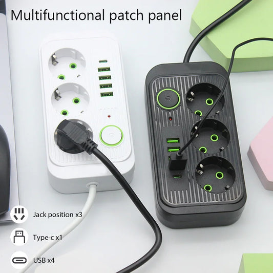 EU Plug Power Strip 2M Extension Cable Multiprise 3AC Outlets Electrical Socket with 4 USB 1 Type C Network Filter Fast Charging