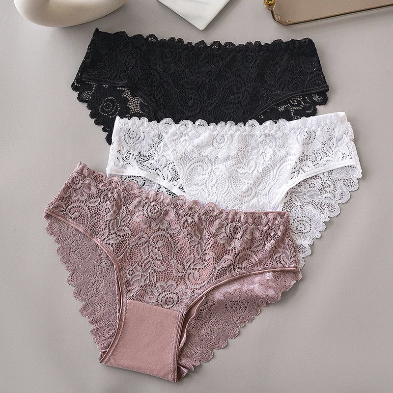 3PCS/Set Luxury Floral Embroidery Lace Panties Women Briefs Sexy Hollow Lingerie Female Underwear Ladies Breathable Underpants