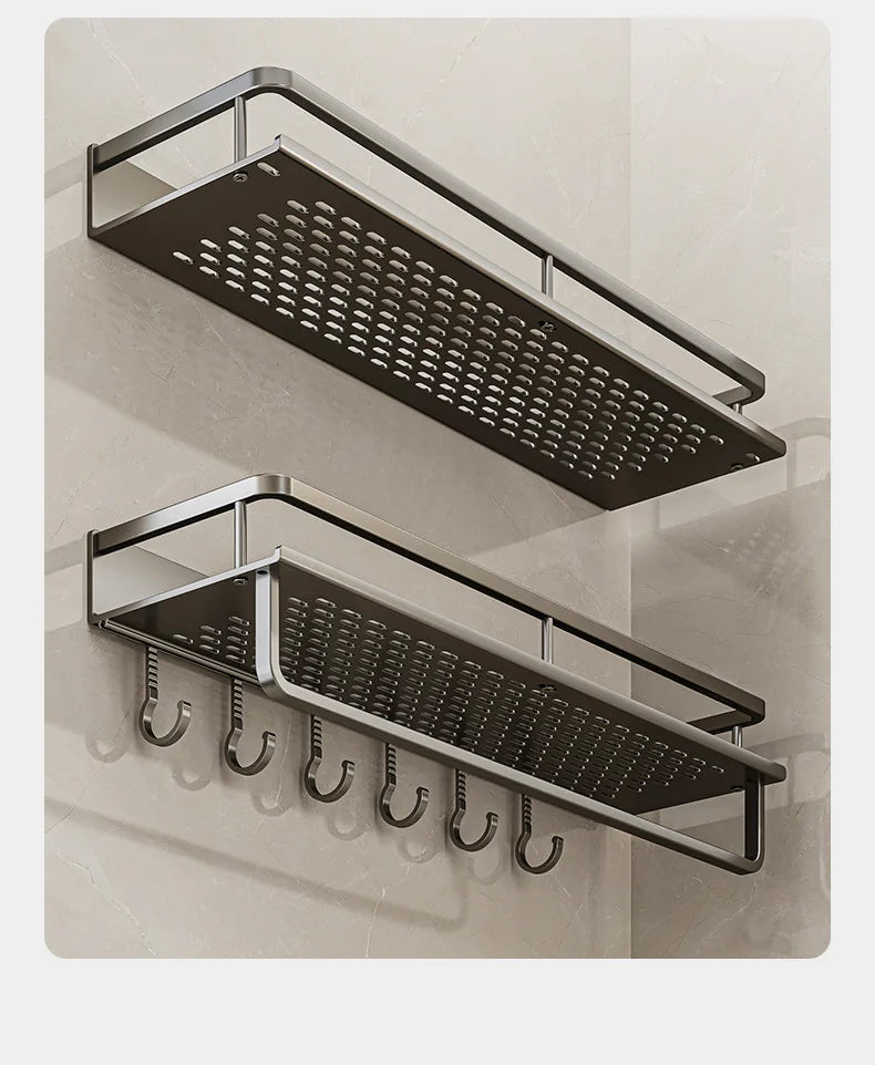 Bathroom storage rack, non perforated washbasin, hand washing and shower area, shower gel wall storage rack