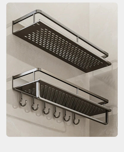 Bathroom storage rack, non perforated washbasin, hand washing and shower area, shower gel wall storage rack