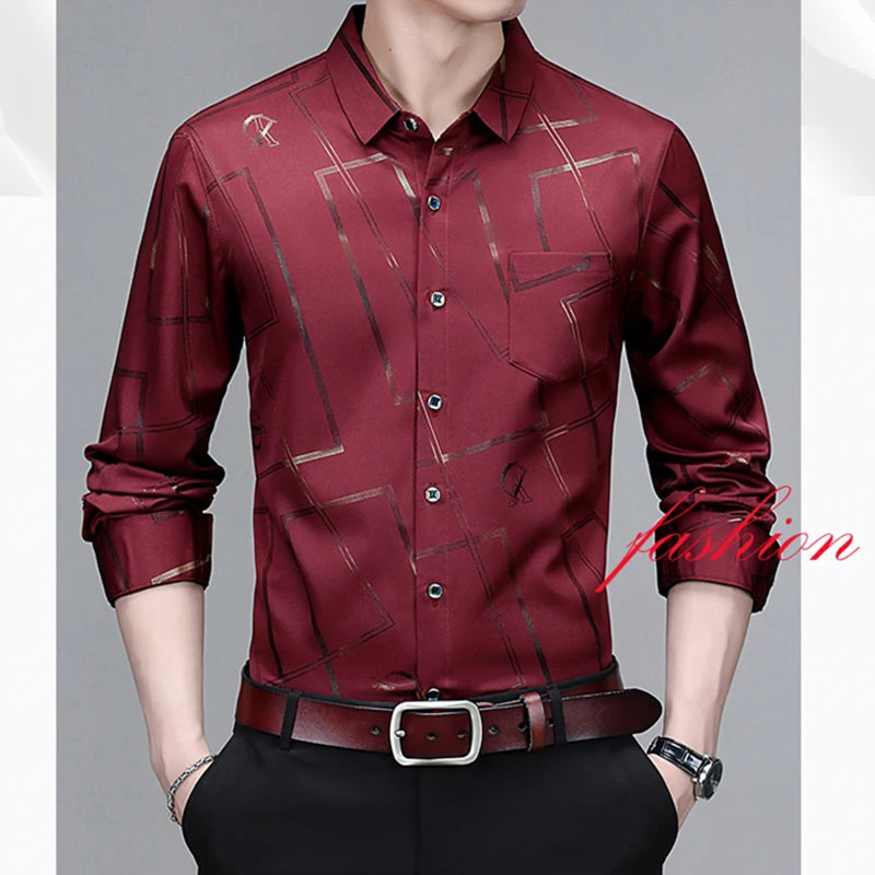 Men's Casual and Fashionable Long Sleeved Printed Shirt, Non Ironing and Wrinkle Resistant Business Top