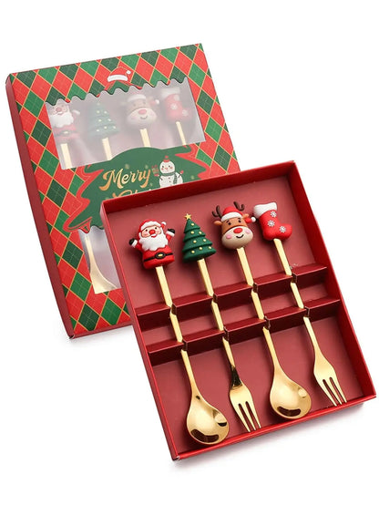 Christmas Themed Cutlery Set Stainless Steel Creative Cartoon Knife Fork Spoon 2/4/6pcs Set Holiday Gift Cutlery Decoration