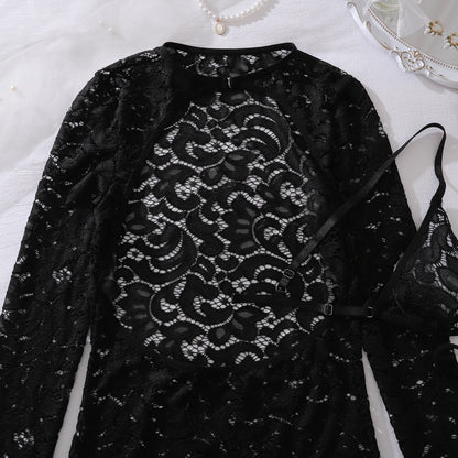 Ellolace Fantasy Sexy Female Lingerie Luring Bra Thong 2PC Set with Hollow Front Mini Dress Intimate See Through Woman Underwear