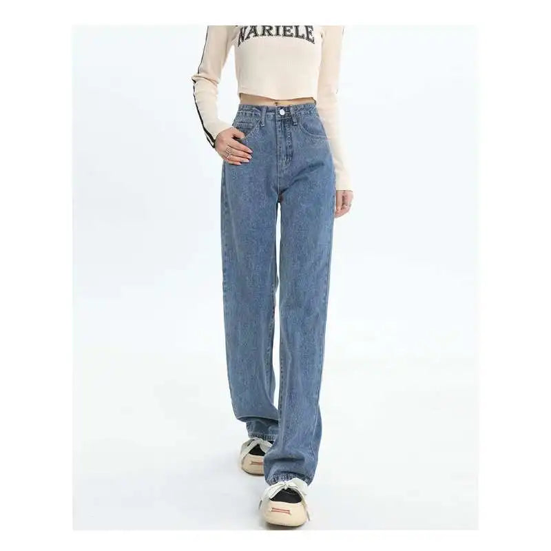 Woman Vintage Wide Leg Jeans Girls High Waist Pants Female Fashion Black Black Grey Retro Blue Light Blue Pink Denim Trousers