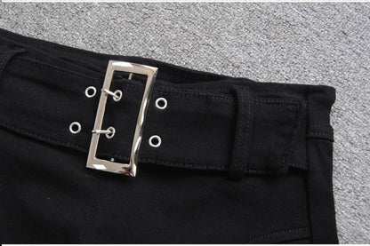 Denim Shorts Women Low-waisted Black Slim Fit Sexy Hot Girls Rivet Belt Design Unique All-match Nightclub Bodycon Summer Y2k