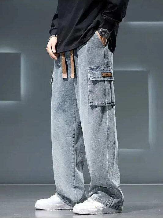 8XL Jeans New Wide Leg Washing Pants Men Trousers Neutral Solid Color Loose Casual Korean Fashion Pocket Plus Size Cargo Pant