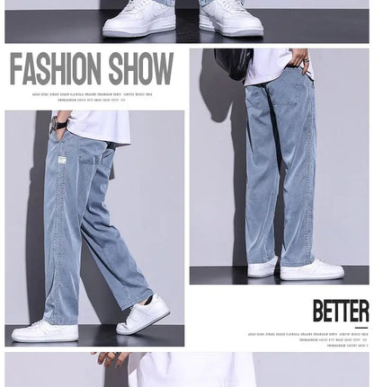 Summer soft Lyocell fabric men's jeans loose straight leg pants drawstring elastic waist Korean casual pants plus size M-5XL