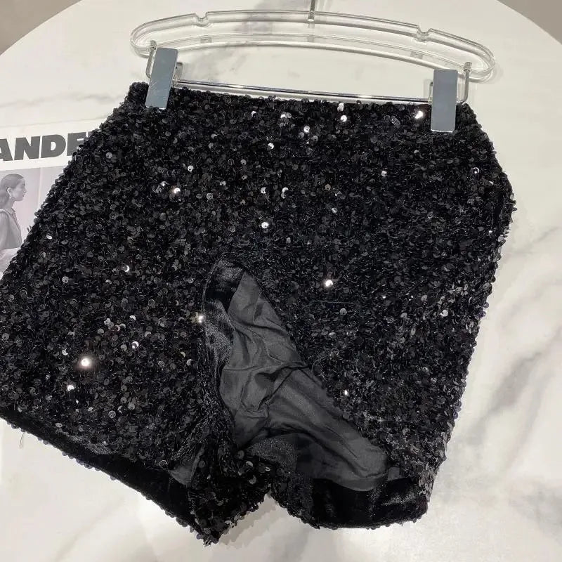 New Autumn Black Velvet Shorts Women Sequined Shiny Versatile Short Pants Clubwear Shorts Hot Pants High Street