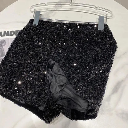 New Autumn Black Velvet Shorts Women Sequined Shiny Versatile Short Pants Clubwear Shorts Hot Pants High Street