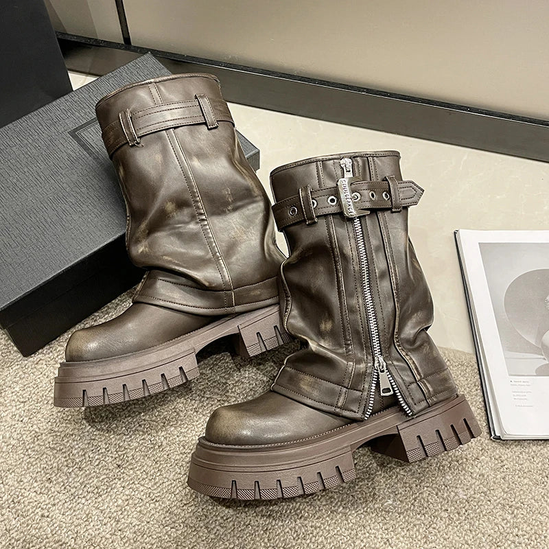 2023 New Shoes for Women Belt Buckle Women's Boots Fashion Side Zipp Modern Boots Women High Quality Round Toe Mid-Calf Zapatos