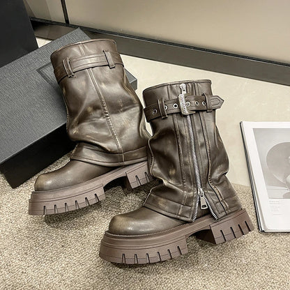 2023 New Shoes for Women Belt Buckle Women's Boots Fashion Side Zipp Modern Boots Women High Quality Round Toe Mid-Calf Zapatos