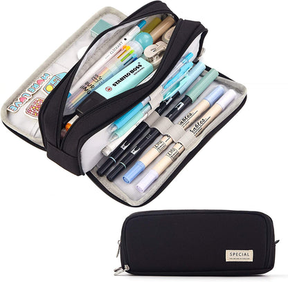Kawaii Large Capacity Pencil Case 3 Compartment Pouch Pen Bag Double Side Opening Student Stationery Organizer School Supplies