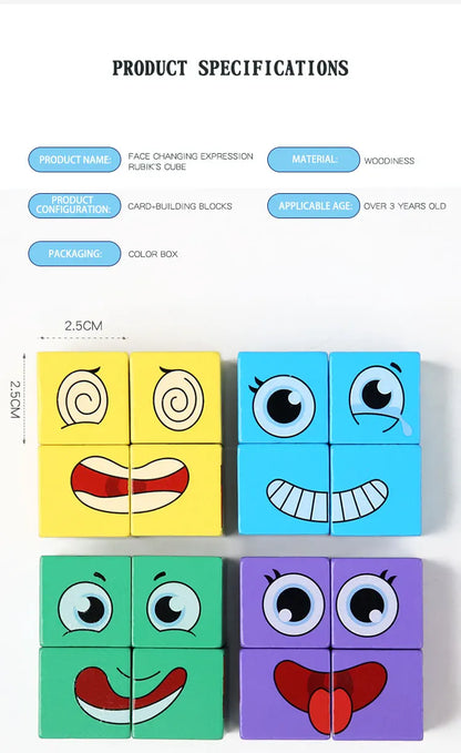 Kids Emotions Expression Game Wooden Cube Face Changing Board Cartoon Puzzle Toy Montessori Thinking Challenge Games