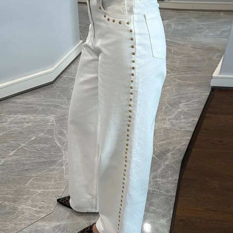 Casual Bead Jean Women Loose High Waisted Pockets Zipper All-match Straight Leg Trouser Female 2025 Y2k High Street Lady Outwear