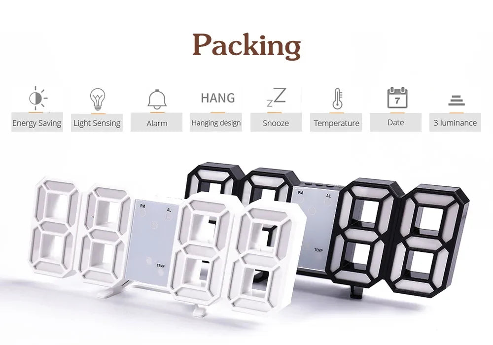 Wall Clock Digital Alarm Modern Kitchen Electronic Smart 3D USB Power Supply LED Time Date Temperature Display Desktop Bedroom