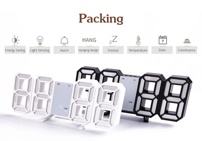 Wall Clock Digital Alarm Modern Kitchen Electronic Smart 3D USB Power Supply LED Time Date Temperature Display Desktop Bedroom
