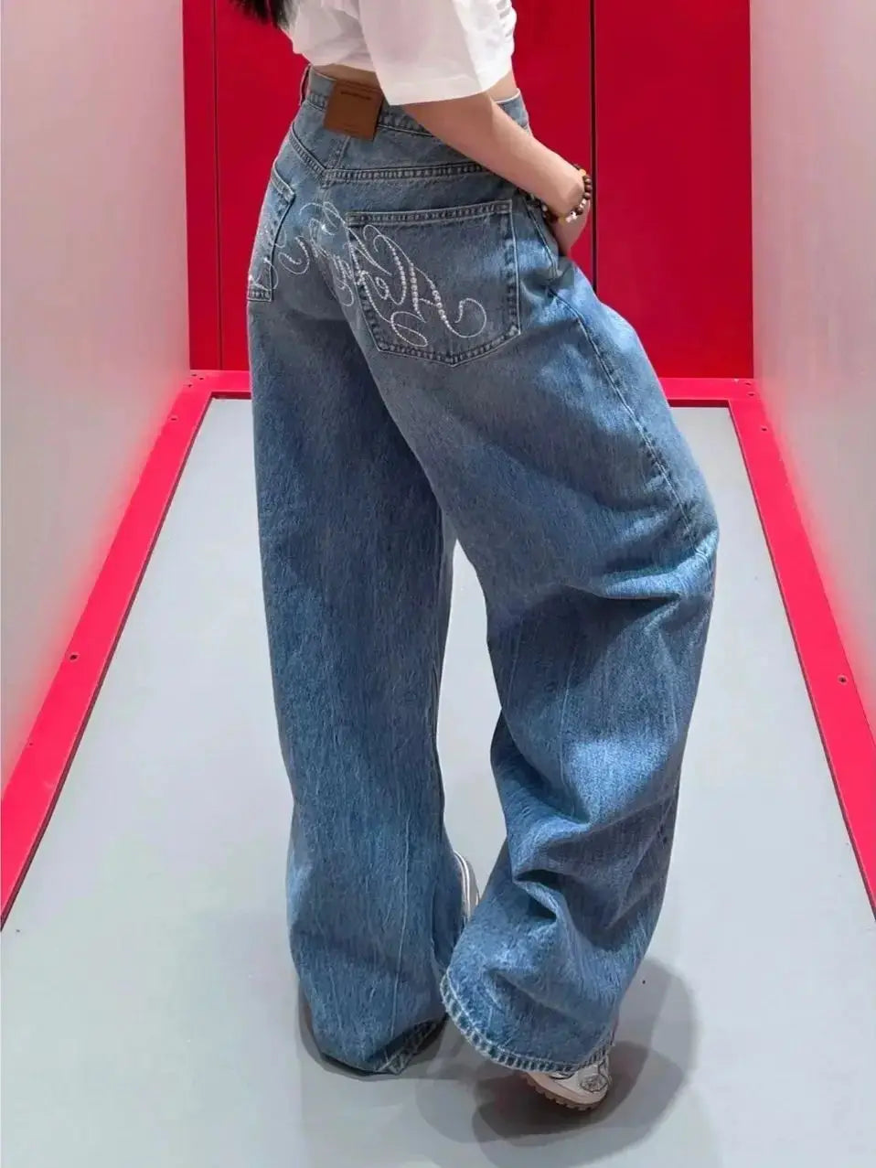Gradient Spring 2025 Blue Jeans Women Y2K Vintage High Waisted Jeans Straight Streetwear Loose Large Wide Leg Denim Pants