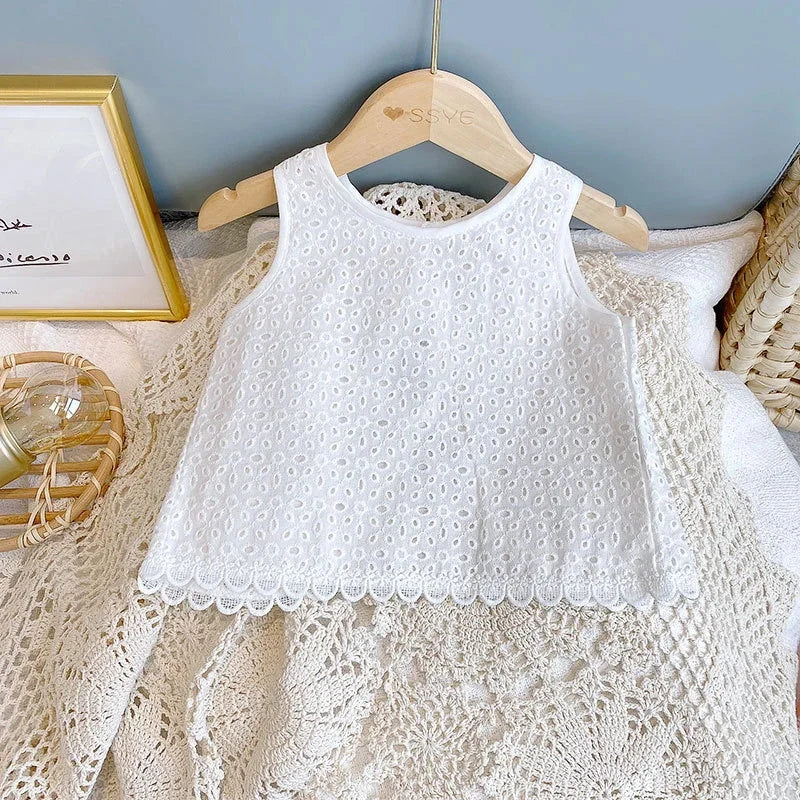 Korean Children's Clothing 2025 Summer Outfits Baby Sweet Hollow Cotton Halter Vest+Denims Shorts Kids Girls Casual Clothes Sets