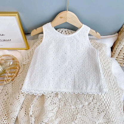 Korean Children's Clothing 2025 Summer Outfits Baby Sweet Hollow Cotton Halter Vest+Denims Shorts Kids Girls Casual Clothes Sets