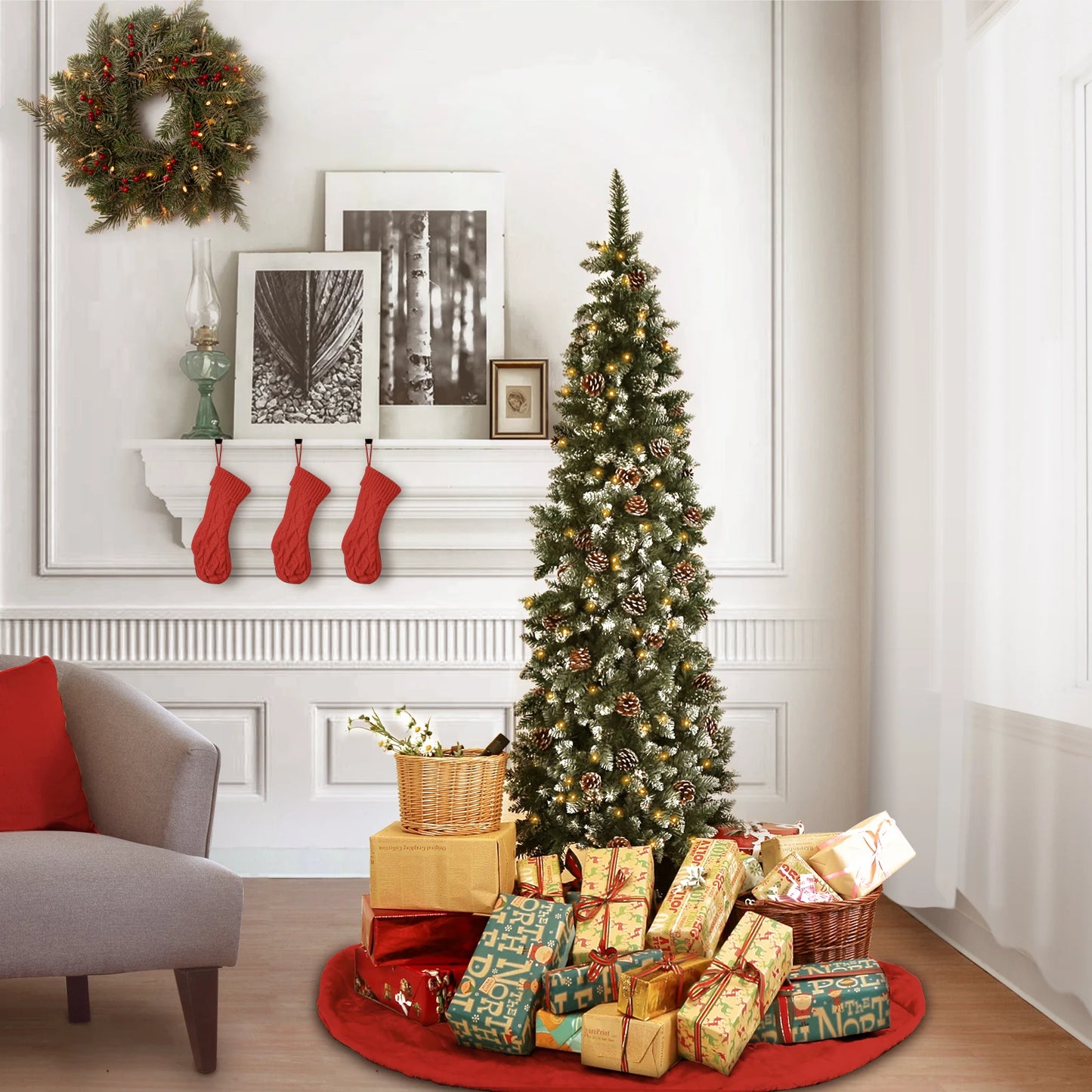 6.5/7.5 Ft Pre-Decorated Pencil Christmas Tree Pre-Lit Holiday Tree with Clear Lights Collapsible for Easy Storage Pinecones 699