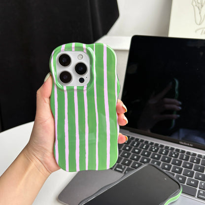Fashion Simple Green Yellow Stripes Wavy Edges 2-in-1 Glossy Soft Protective Phone Case Cover for iPhone 16 15 14 13 12 Pro Max