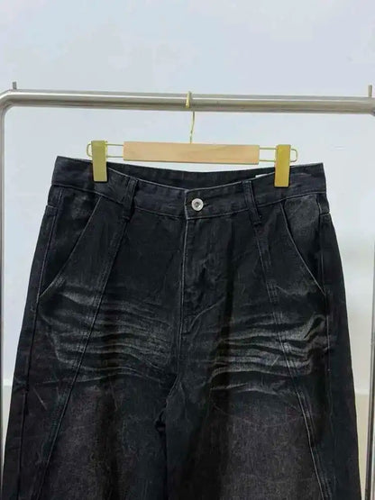 IEFB High Street Men's Jeans Casual Washed Whiskers Solid Color Loose Trendy Straight Wide Leg Male Denim Pants Autumn 9C7862