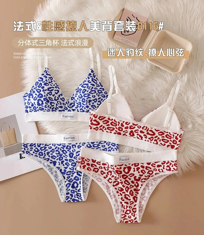 Women Seamless Bra Set Low Waist Panties Leopard Bralette Sexy Lingerie Set Vneck Sport Brassiere Female Cotton Underwear Set
