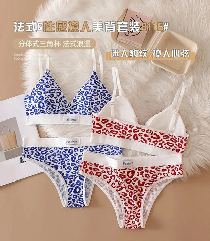 Women Seamless Bra Set Low Waist Panties Leopard Bralette Sexy Lingerie Set Vneck Sport Brassiere Female Cotton Underwear Set