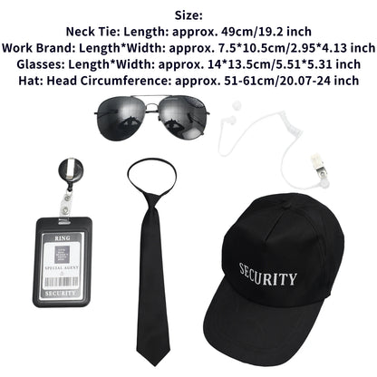 Agent Accessories Set Tie Earplugs Work Brand Glasses Hat Secret Security Service Costume for Teens Adults Cosplay Game Party