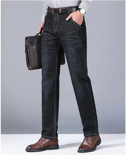 Men's Comfortable Soft Business Casual Denim Trousers Slim Fit Straight Pants Fashion Male Brand Light Luxury Stretch Clothing
