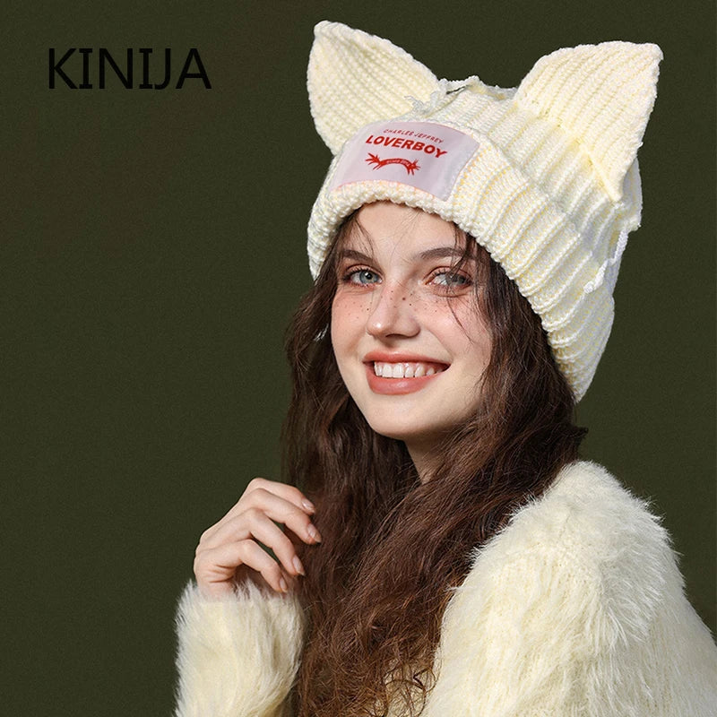 Winter Skullies Hat Unisex Cat Ear Hat Warm Crochet Knitted Hat Costume Beanie Hat Women Christmas Gift Hip-hop Cap Cold Hat