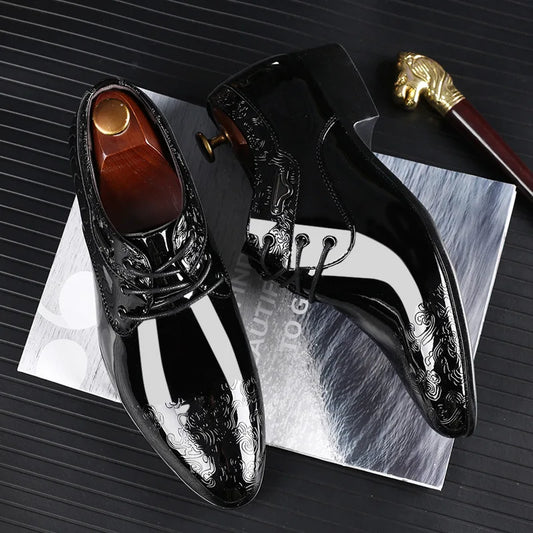 Shoes for Men Casual Business Dress Shoes Lace Up Formal Black Patent Leather Brogue Shoes for Male Wedding Party Office Oxfords