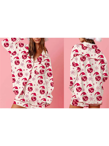 Women s 2 Piece Lounge Set Cozy Reindeer Christmas Tree Print Top and Bottom Pajama Set for Winter Nights