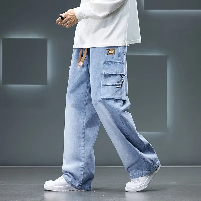 8XL Jeans New Wide Leg Washing Pants Men Trousers Neutral Solid Color Loose Casual Korean Fashion Pocket Plus Size Cargo Pant
